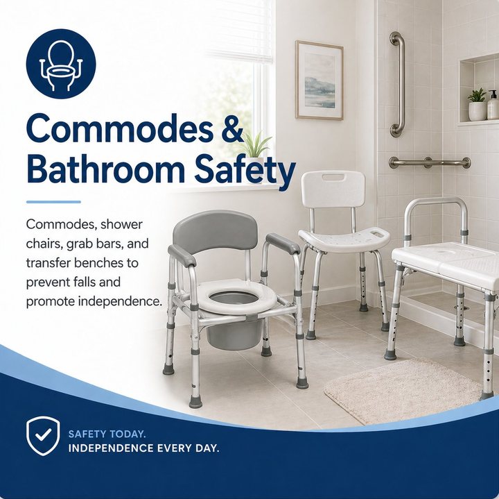 Commodes and Bathroom Safety from Ventura Medical Services: Commodes, shower chairs, grab bars, and transfer benches to prevent falls and promote independence.