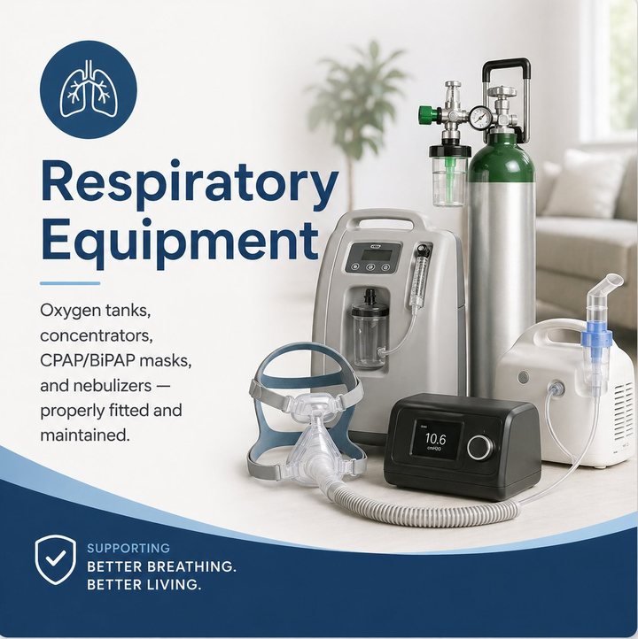 Respiratory Equipment from Ventura Medical Services: Oxygen tanks, concentrators, CPAP/BiPAP masks, and nebulizers — properly fitted and maintained.